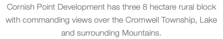 Cornish Point Development has three 8 hectare rural block with commanding views over the Cromwell Township, Lake and surrounding Mountains.